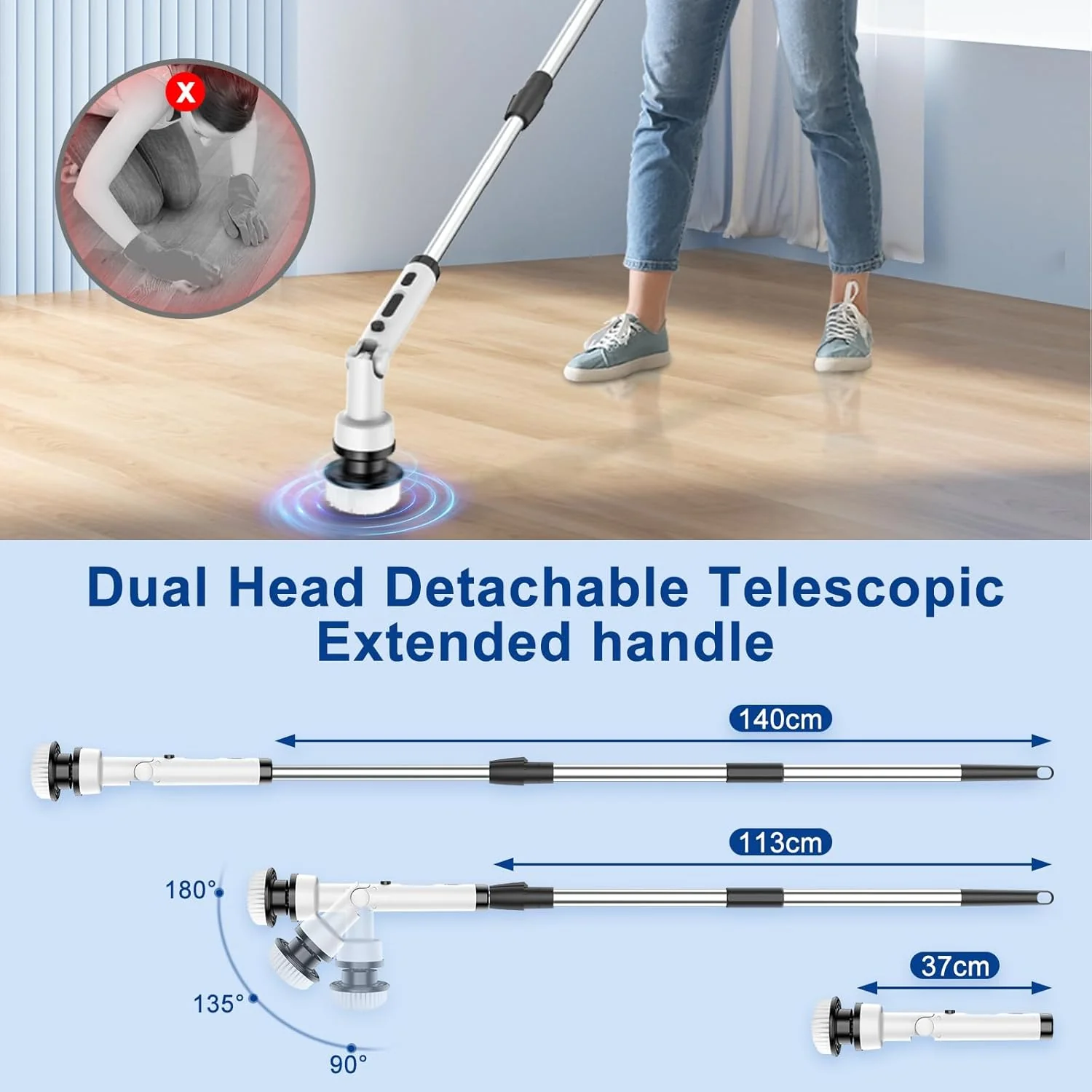 Electric Spin Scrubber Rechargeable Cleaning Brush 9 Brush Heads, Adjustable Angle, Extension Arm – Cordless for Tile, Floor, Tub, Car & More